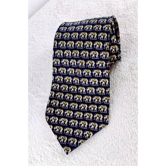 Mens Silk Tie Elephant Print Rene Chagal Vintagee 1990's Elegant Classic Necktie - Picture 1 of 9